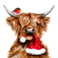 Bull with robin on horn and santa hat